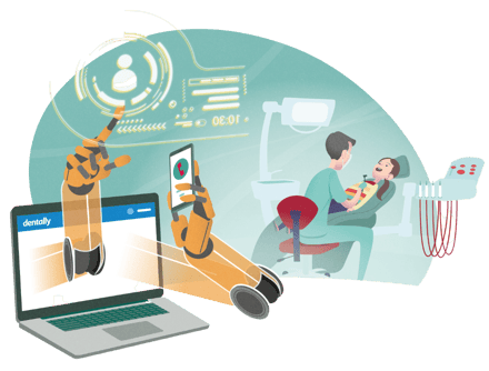 Illustraion of dentally automating patient communications whilst dentist tends to patient in the background.