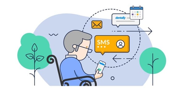 illustration of patient receiving communications from Dentally and signing forms on there mobile device in the park.