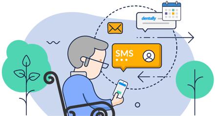 Illustration of patient signing their forms on their mobile device on the bench at a lock park