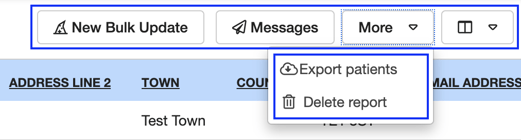 Image highlighting the settings on the top of the paitents report. bluk update allows you to refresh an exisiting list of patients, messages allows you to bulk message the patients on the list. more allows you to see the options to delete or export the report. and the final column button allows you to configure the columns you see on the report screen.
