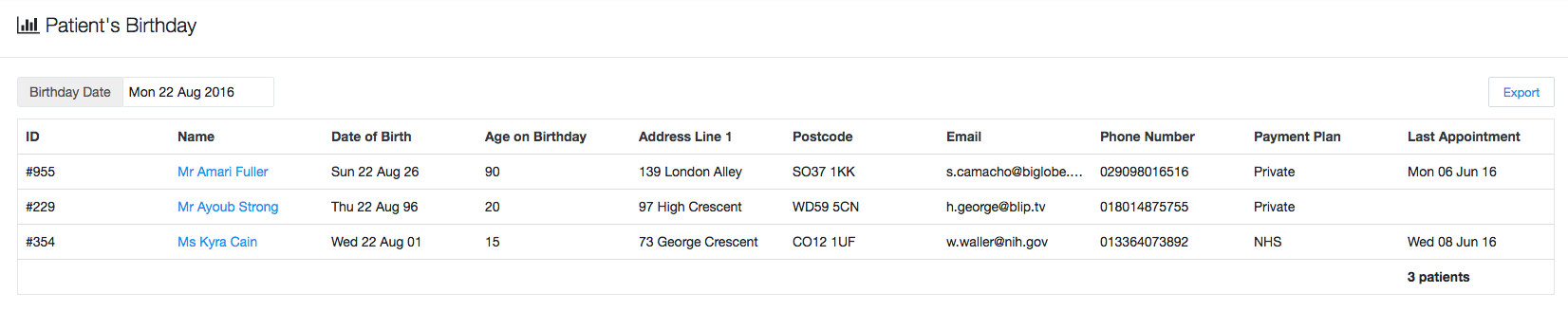 Dentally - Dental Software - Patient's Birthday