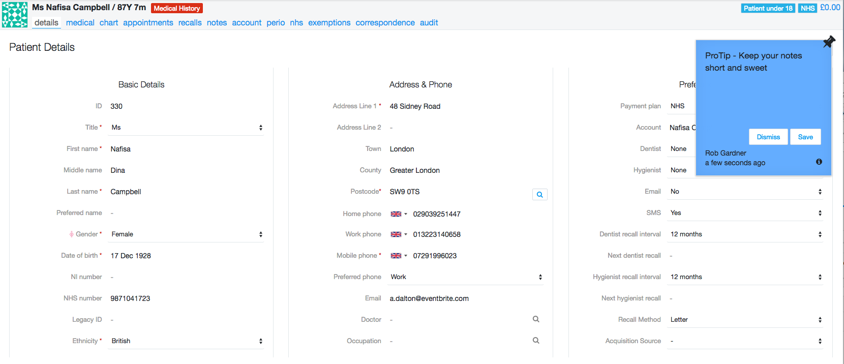 Dentally - Dental Software - Note on the patient record
